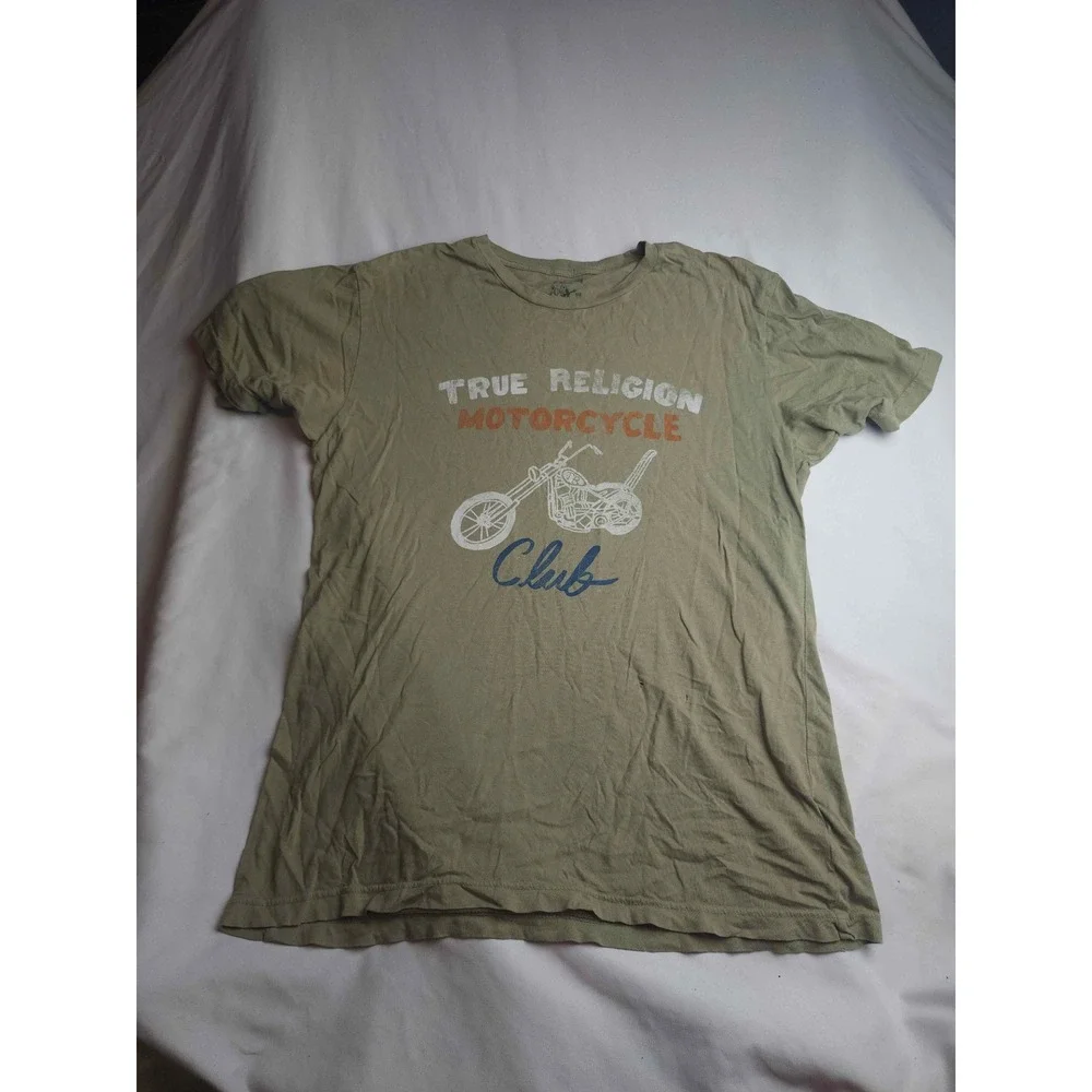 True Religion Motorcycle Club Graphic T-Shirt Mens Large Olive Green Cotton Tee